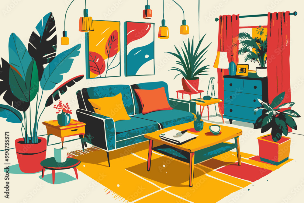 Vibrant Retro-Inspired Living Room Interior Illustration Vibrant Retro-Inspired Living Room Interior Illustration