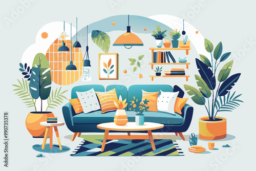 Cozy Modern Living Room Interior with Greenery and Stylish Furniture