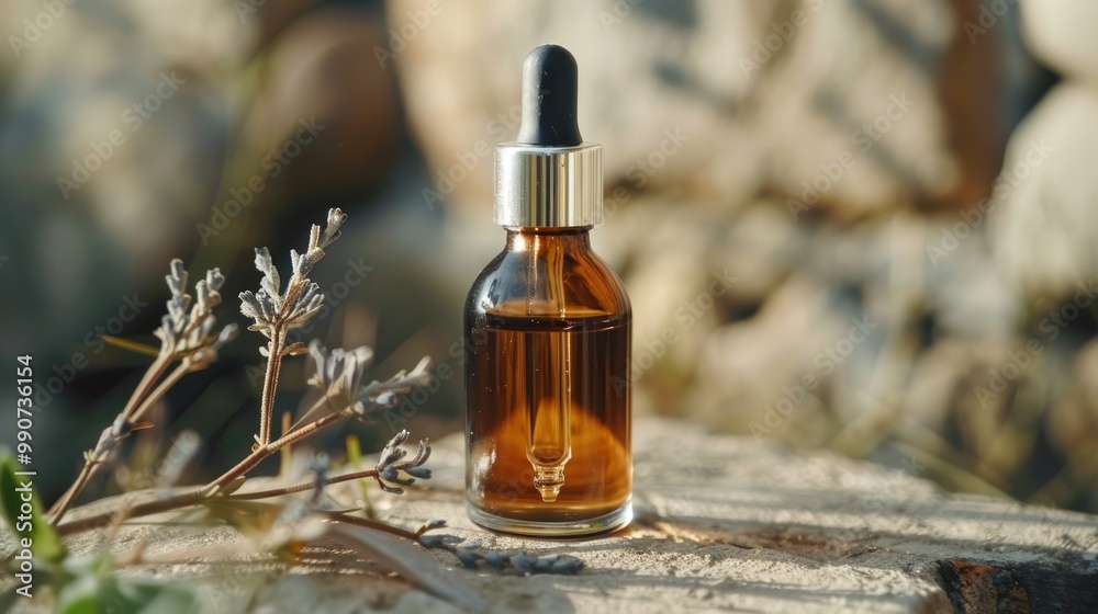 A glass bottle with a dropper, likely containing a liquid such as essential oil or serum A glass bottle with a dropper, likely containing a liquid such as essential oil or serum