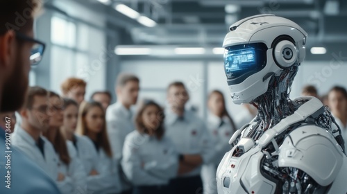 Employees Listening to a Presentation by a Robot