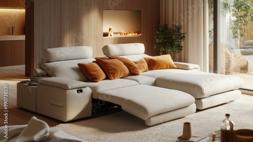 Minimalist multifunctional sofa with integrated storage and adjustable seating.