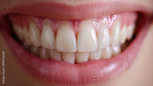 White smile. A close-up view of a row of teeth. The gums are a healthy pink, suggesting good oral hygiene.