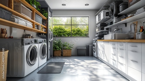 Modern tankless water heater in a clean utility room photo