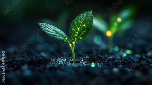 bioluminescent microchip forest vibrant green sprouts emerging from a silver computer chip glowing with soft neon light against a dark background