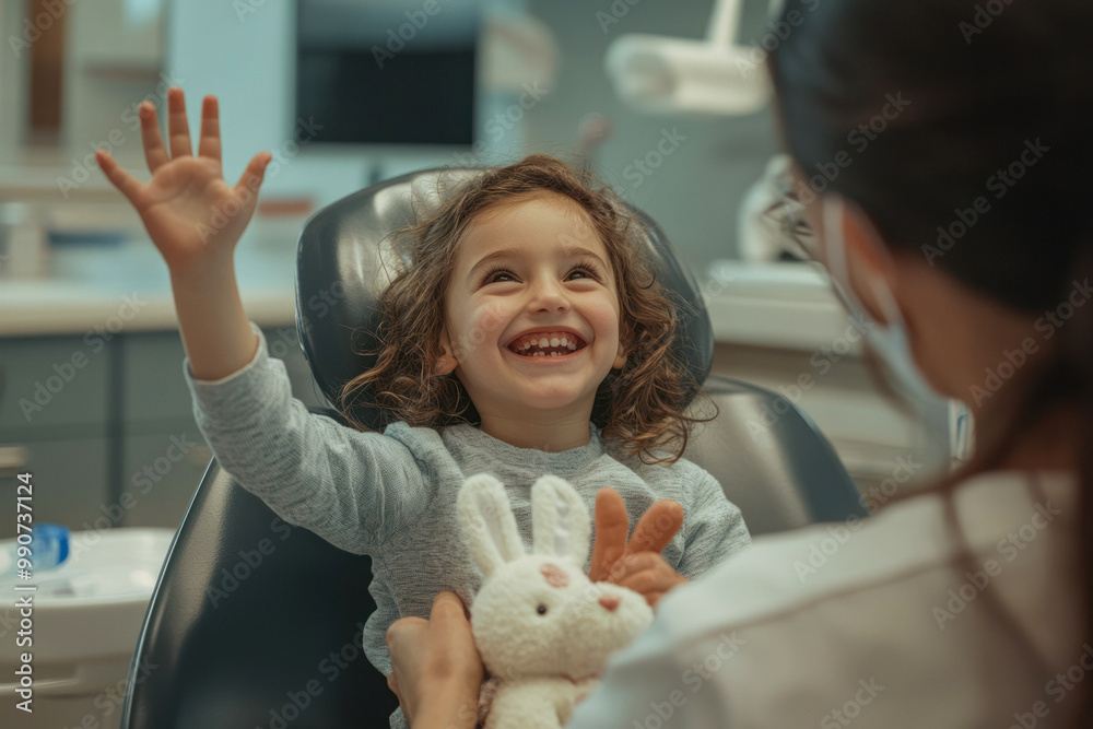 Joyful child with bunny toy at dental office is happy