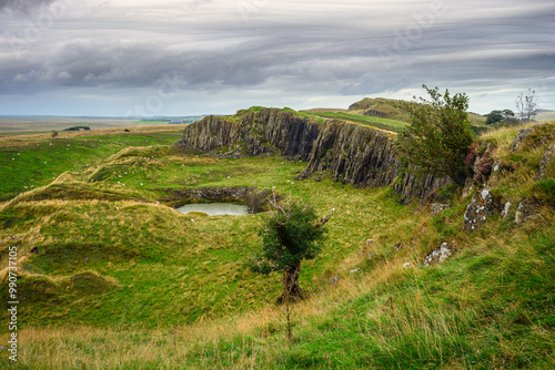 Crags at Walltown below Hadrian's Wall, a World Heritage Site in the beautiful Northumberland National Park. Popular with walkers along the Hadrian's Wall Path and Pennine Way photo