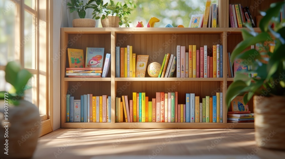 Rounded-edge bookshelf with low shelves, filled with children's books in a sunny corner. Rounded-edge bookshelf with low shelves, filled with children's books in a sunny corner.