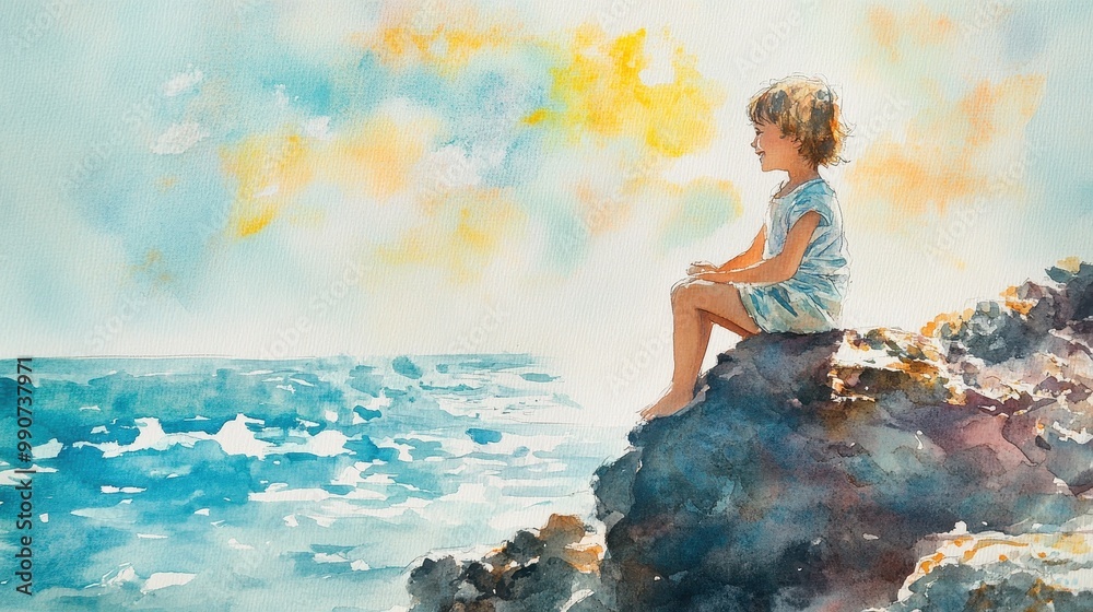 Fototapeta premium Child Sitting on Rock by the Ocean in Watercolor