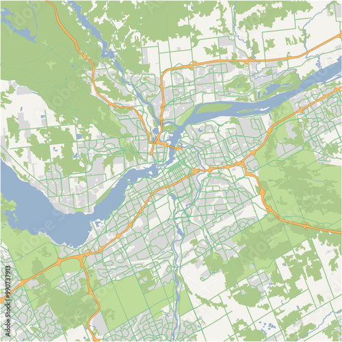 Map of Ottawa in Canada in a normal road map style. Contains layered vector with roads water, parks, etc.