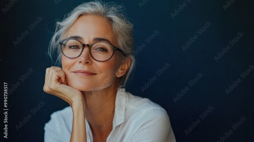 Happy woman with glasses smiling softly at camera. Happy woman with glasses smiling softly at camera.