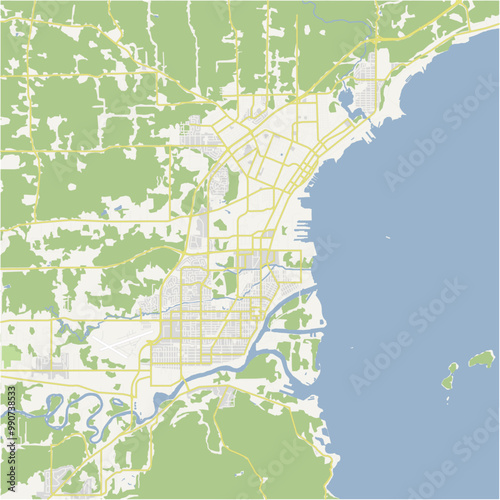 Map of Thunder Bay in Canada in a normal road map style. Contains layered vector with roads water, parks, etc.