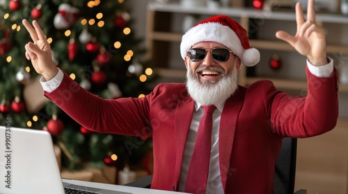 A cheerful Santa Claus, clad in his iconic red suit and sunglasses, happily types away on his laptop photo