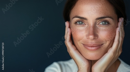 Confident woman with hands on face, glowing skin.