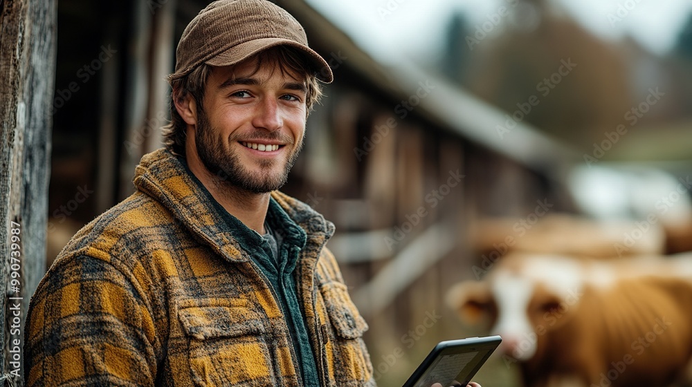 A young farm worker stands with a digital tablet in front of a cowshed, highlighting the role of technology in livestock management. A young farm worker stands with a digital tablet in front of a cowshed, highlighting the role of technology in livestock management.