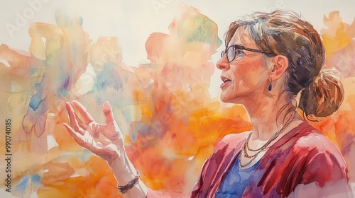 Woman Speaking at Community Meeting in Watercolor Style