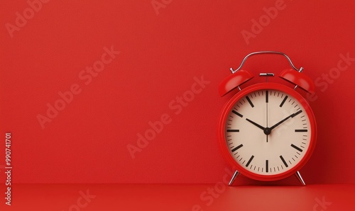 A classic red alarm clock on a vibrant red background, symbolizing time management and urgency in a minimalist setting.