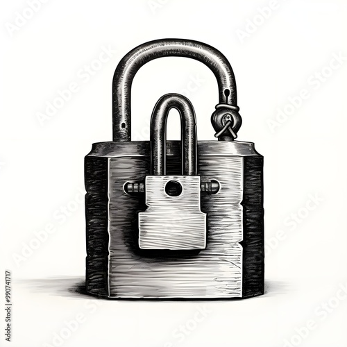 A VINTAGE DRAWING ON A WHITE BACKGROUND OF AN OLD PADLOCK. photo