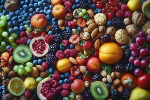 Colorful assortment of fresh fruits and nuts on table.