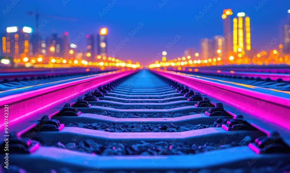 Fototapeta premium A vibrant perspective of railway tracks illuminated by colorful lights against a city skyline at dusk.