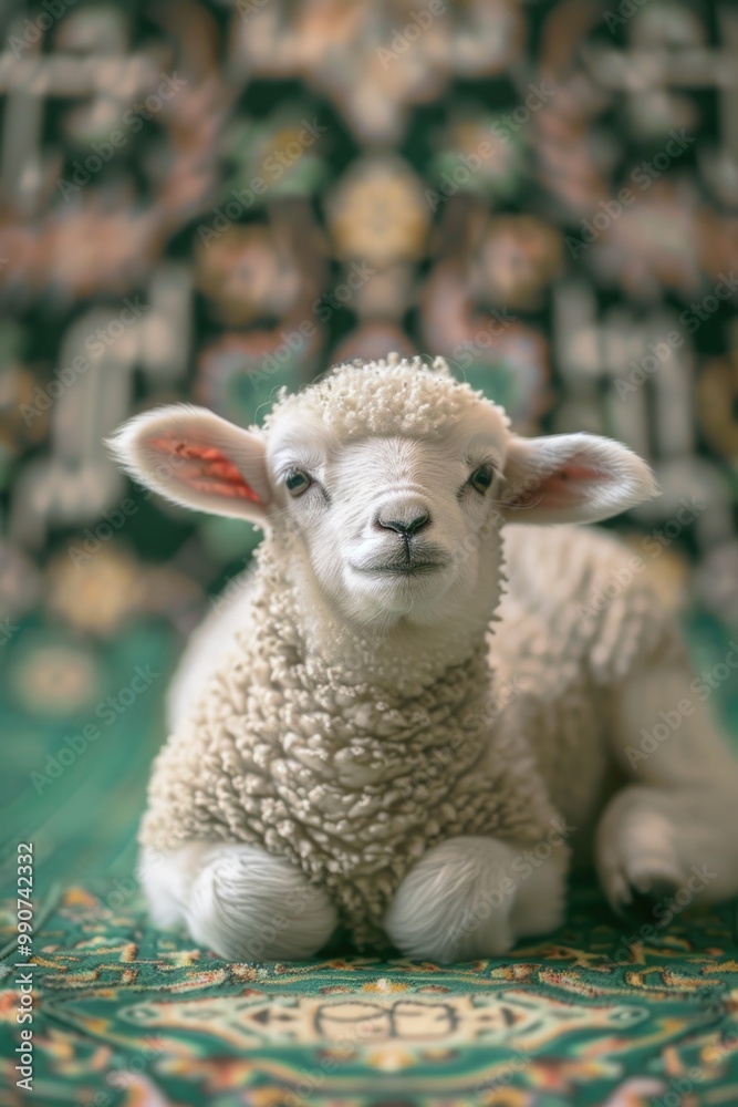 Obraz premium Cute baby lamb sitting on a rug, looking straight ahead.