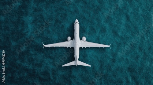 Wallpaper Mural Aerial view of a white airplane over serene blue ocean water, isolated background. Torontodigital.ca