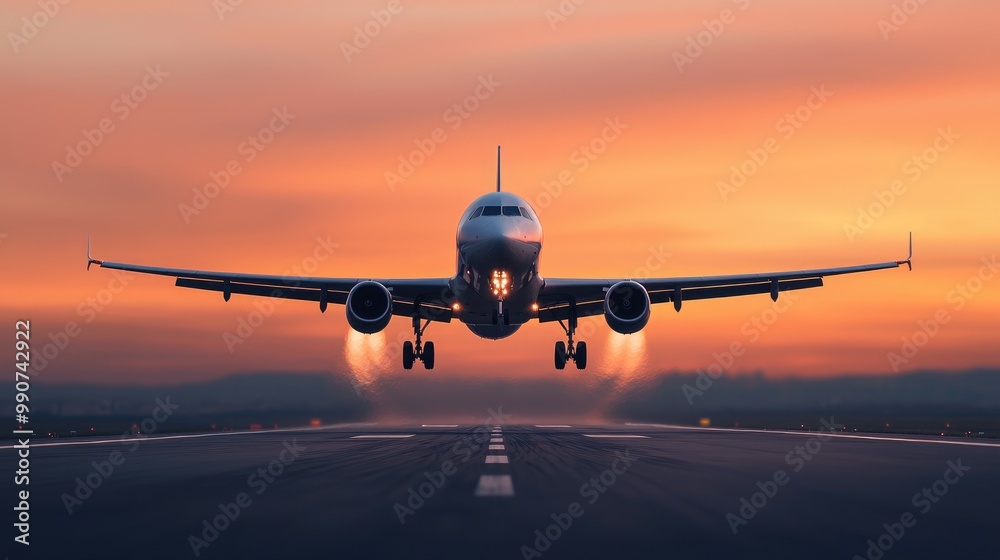 Airplane landing on runway during sunset, vibrant sky in background. Airplane landing on runway during sunset, vibrant sky in background.