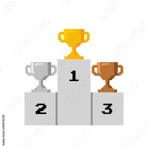 Pixel art Gold, silver, bronze trophy cup, goblet on podium, pedestal isolated on background. 1st, 2nd, 3rd place. Handing award to winner.