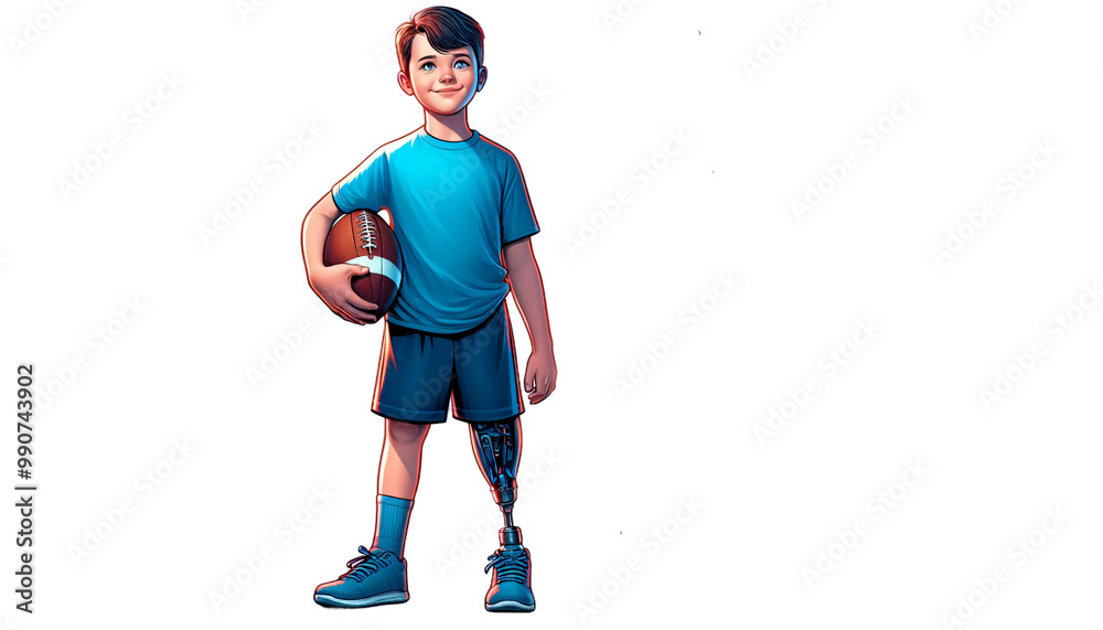 Jugentlicher mit einer Beinprothese spielt american football. Volle Teilhabe am normalen Leben. Jugentlicher mit einer Beinprothese spielt american football. Volle Teilhabe am normalen Leben.