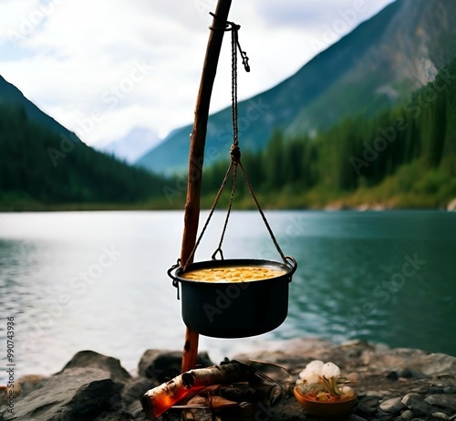 Cooking in nature, camping in the mountains photo