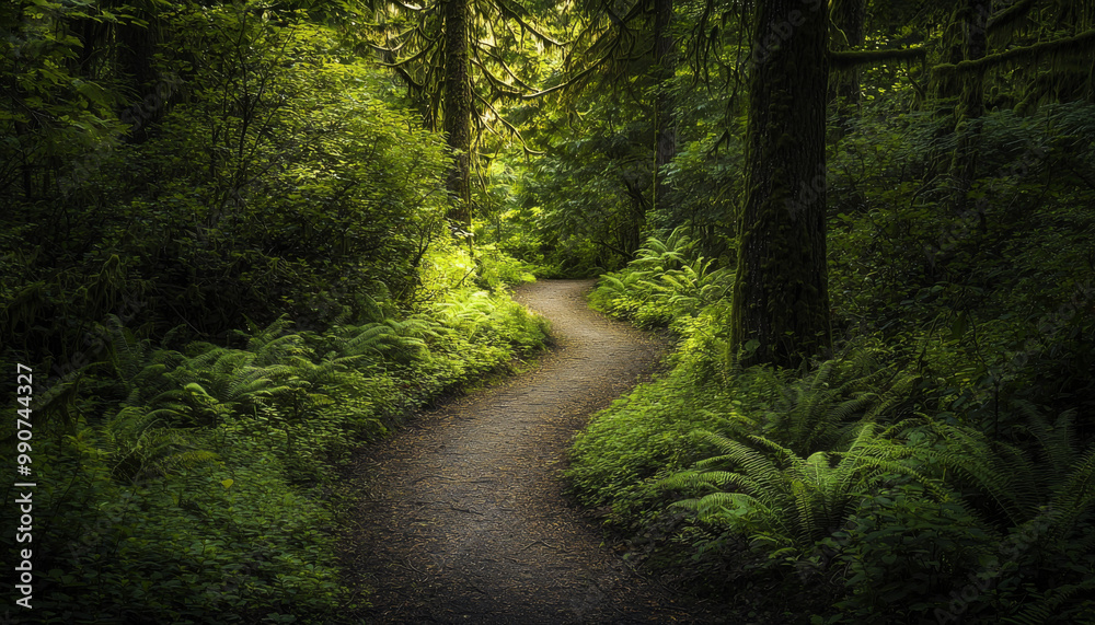 Fototapeta premium A serene winding path through a lush green forest, inviting exploration and tranquility.