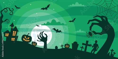 Halloween Spooky Nighttime Scene Horizontal Background