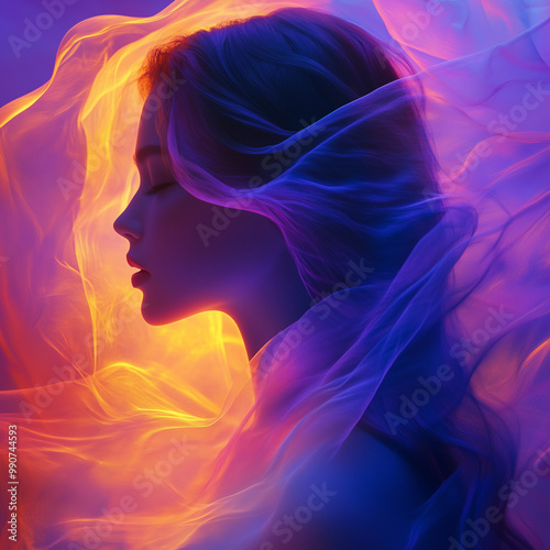 Mystical silhouette of woman with flowing hair against ethereal purple and orange backdrop