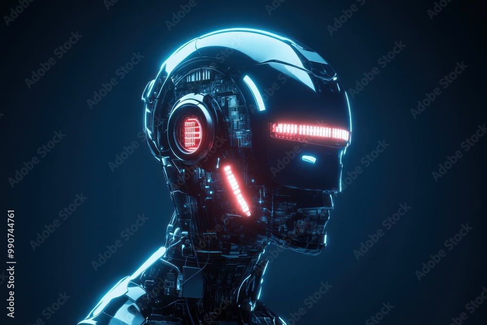 Fototapeta premium Cyberpunk robot with glowing red visor in dark.
