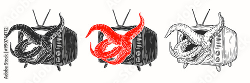 Octopus tentacles emerge from tv in hand drawn vintage monochrome style. Creative retro vector illustration monster for print or tattoo.