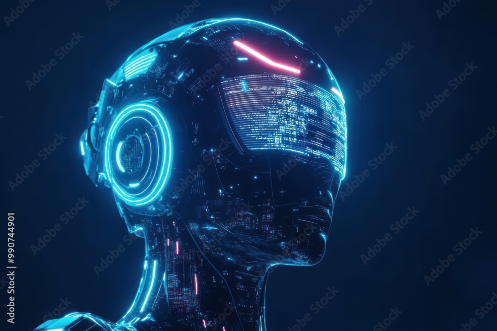 Robot with a wide visor amid blue neon lights. Robot with a wide visor amid blue neon lights.