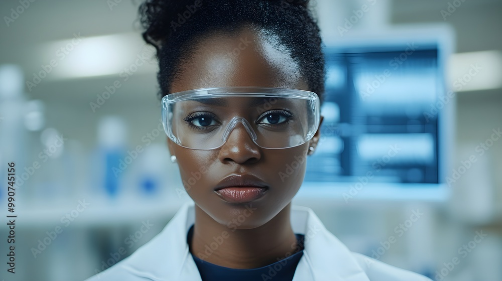 Modern pharmaceutical laboratory with African-American female researcher, detailed analysis of blood samples, surrounded by data screens, wearing protective gear Modern pharmaceutical laboratory with African-American female researcher, detailed analysis of blood samples, surrounded by data screens, wearing protective gear