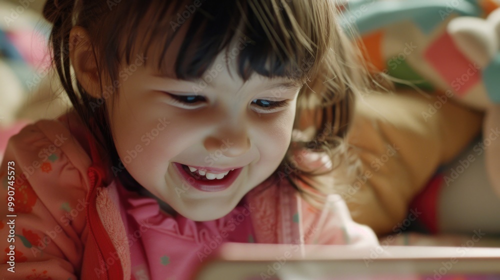 Smiling young girl engaging with a tablet computer, demonstrating joy and interest in technology. Smiling young girl engaging with a tablet computer, demonstrating joy and interest in technology.