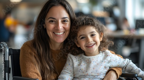 Mother and disabled child in a wheelchair, smiling together in a modern workspace, candid moment capturing the beauty of family and diversity