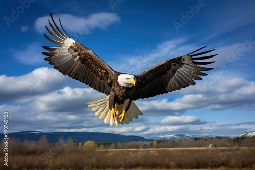 A bald eagle flies with wings spread wide majestically against a bright blue sky, perfect for patriotic, wildlife. Generative AI photo