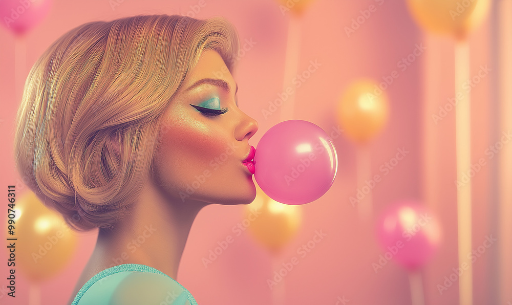 An illustrated portrait of a young blonde girl with short hair and fashion-forward makeup, blowing pink bubble gum balloons. copy space An illustrated portrait of a young blonde girl with short hair and fashion-forward makeup, blowing pink bubble gum balloons. copy space