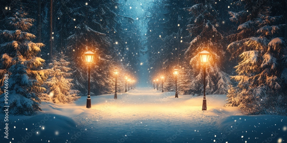 Snow-Covered Forest Path Illuminated by Streetlights Snow-Covered Forest Path Illuminated by Streetlights