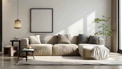 Modern living room design featuring elegant sofa and large window with natural light illuminating the space