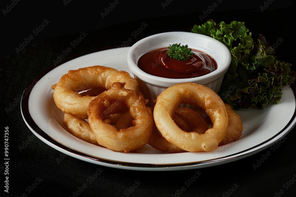 Golden crispy fried onion rings served on a white plate with ketchup dipping sauce. Golden crispy fried onion rings served on a white plate with ketchup dipping sauce.
