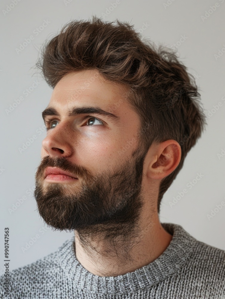 Obraz premium Man looking down, thoughtful expression, neutral color palette, portrait photography style.