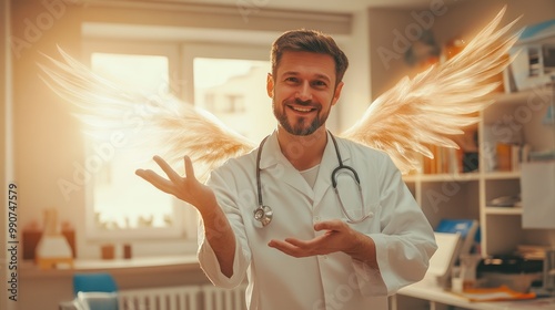 Happy doctor with golden wings in bright office. photo