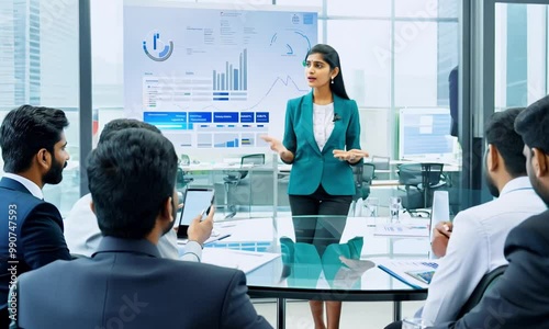 In a Modern Corporate Office Meeting Room Diverse Group of Businesspeople, Lawyers, Executives and Members of the Board Listening to a Young Indian Female CEO Talking About Achieved Business Goals