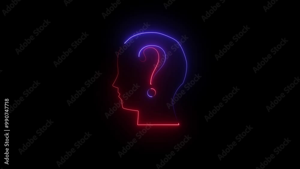 Glowing neon line Human head with question mark icon isolated on black background Glowing neon line Human head with question mark icon isolated on black background