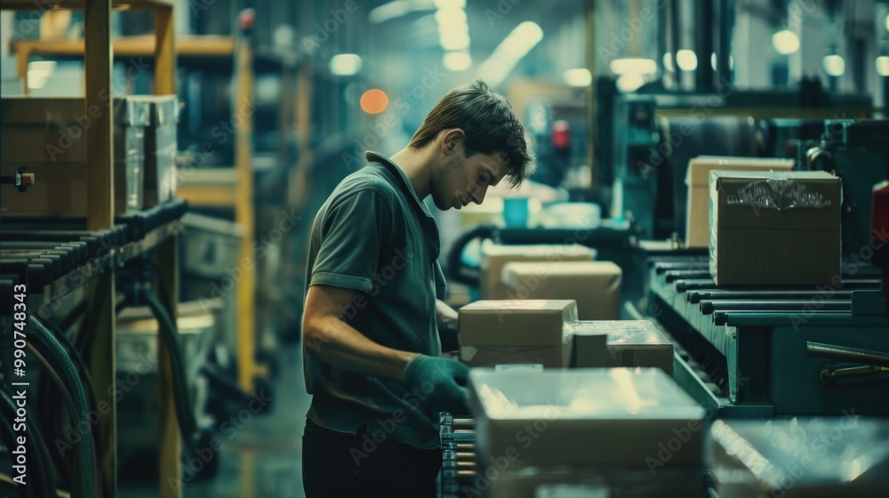 A worker focused on packing boxes in a warehouse setting, with shelving and machinery in the background. A worker focused on packing boxes in a warehouse setting, with shelving and machinery in the background.