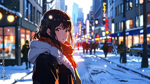 Winter cityscape and anime style woman.