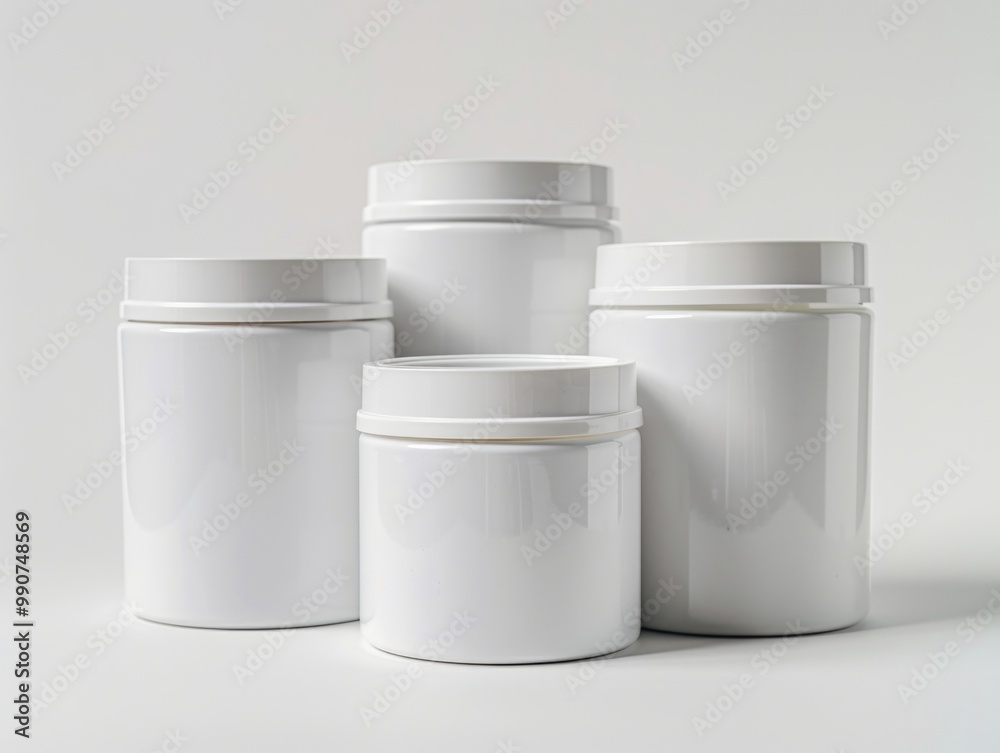 Four white jars in a stack, with plastic lids and labels on them. They are commonly used for cosmetics or skincare products. Four white jars in a stack, with plastic lids and labels on them. They are commonly used for cosmetics or skincare products.